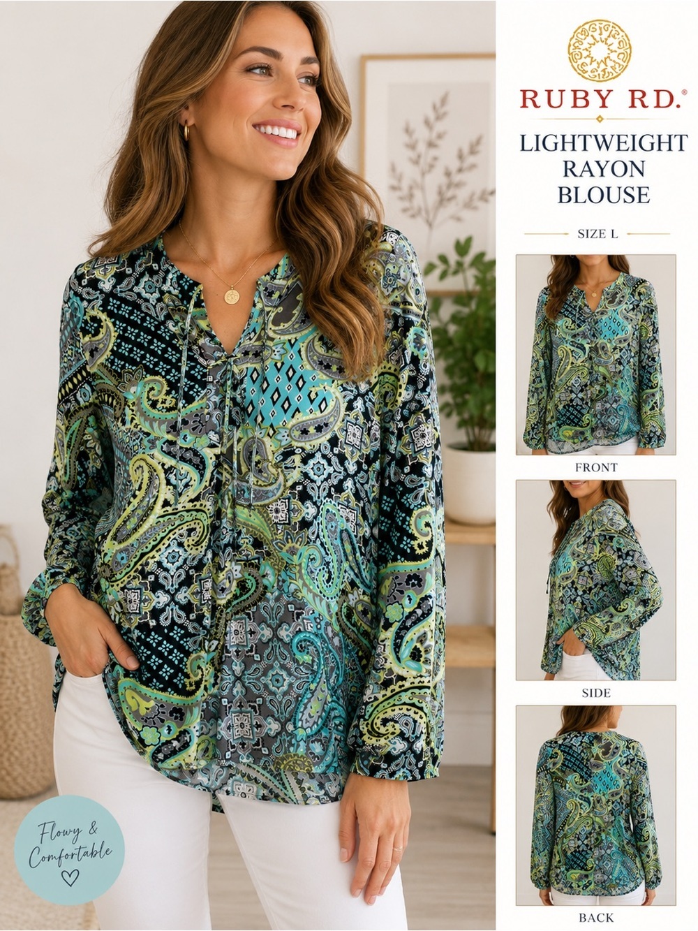 Ruby Rd Paisley Print Rayon Peasant Blouse Tie Neck Lightweight Women’s L